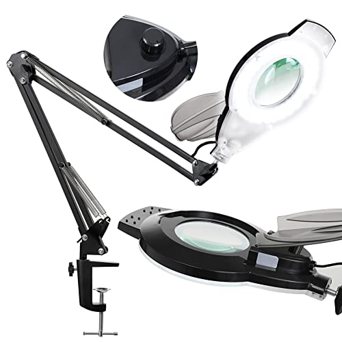 10X Magnifying Glass with Light, NUEYiO 2200 Lumen Stepless Dimmable Magnifying Lamp, 4" Real Glass Lens, Adjustable Swing Arm Lighted Magnifier Desk Lamp for Repair, Crafts, Close Work. (Black)