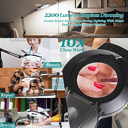 10X Magnifying Glass with Light, NUEYiO 2200 Lumen Stepless Dimmable Magnifying Lamp, 4" Real Glass Lens, Adjustable Swing Arm Lighted Magnifier Desk Lamp for Repair, Crafts, Close Work. (Black)