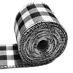 Christmas Plaid Wired Ribbons Gingham Burlap Ribbon，White and Black Wrapping Ribbon Plaid Ribbon for Christmas Decoration Crafts Making