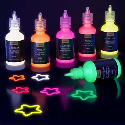 ARTEZA Fabric Paint, 30 Colors, Permanent 3D Paint, Glow-in-the-Dark, Glitter, Neon, and Metallic Hues, 30-ml Bottles, for Textiles, Canvas, and Wood