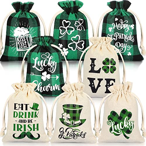 24 Pieces St. Patricks Linen Burlap Bag, Shamrock Burlap Gift Bags, St. Patrick's Small Burlap Bags, Irish Green Jute Drawstrings Candy Pouch, Happy Shamrock Treat Bags (7 x 5 Inch)