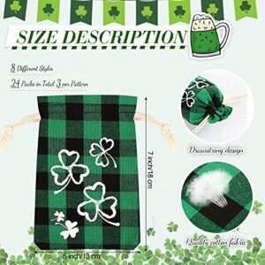 24 Pieces St. Patricks Linen Burlap Bag, Shamrock Burlap Gift Bags, St. Patrick's Small Burlap Bags, Irish Green Jute Drawstrings Candy Pouch, Happy Shamrock Treat Bags (7 x 5 Inch)