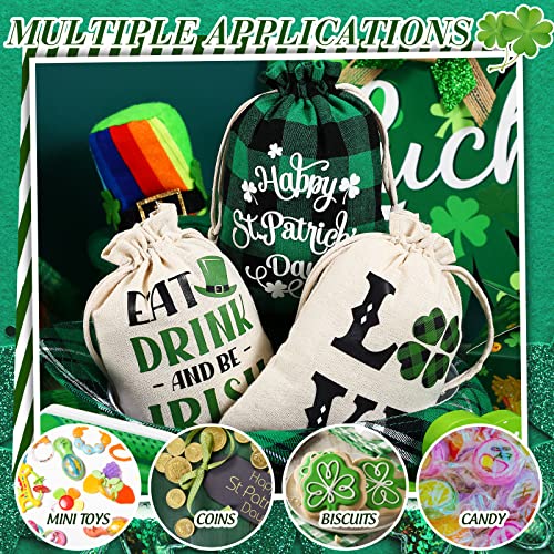 24 Pieces St. Patricks Linen Burlap Bag, Shamrock Burlap Gift Bags, St. Patrick's Small Burlap Bags, Irish Green Jute Drawstrings Candy Pouch, Happy Shamrock Treat Bags (7 x 5 Inch)