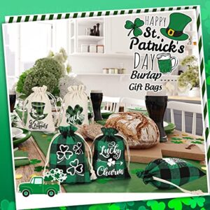 24 Pieces St. Patricks Linen Burlap Bag, Shamrock Burlap Gift Bags, St. Patrick's Small Burlap Bags, Irish Green Jute Drawstrings Candy Pouch, Happy Shamrock Treat Bags (7 x 5 Inch)