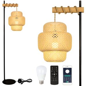 stepeak boho floor lamp with remote, farmhouse dimmable rattan standing lamp with smart blub, bamboo lampshade, app control, wood black tall lamps for living room bedroom office, 9w led bulb included