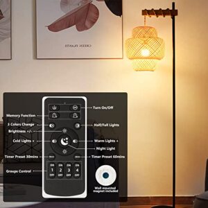 Stepeak Boho Floor Lamp with Remote, Farmhouse Dimmable Rattan Standing Lamp with Smart Blub, Bamboo Lampshade, App Control, Wood Black Tall Lamps for Living Room Bedroom Office, 9W LED Bulb Included