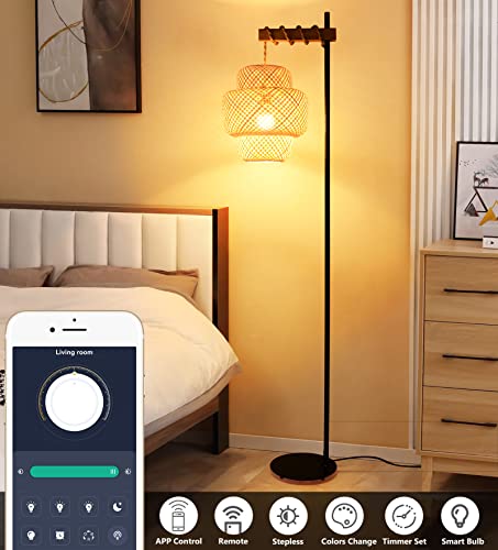 Stepeak Boho Floor Lamp with Remote, Farmhouse Dimmable Rattan Standing Lamp with Smart Blub, Bamboo Lampshade, App Control, Wood Black Tall Lamps for Living Room Bedroom Office, 9W LED Bulb Included