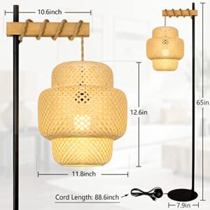 Stepeak Boho Floor Lamp with Remote, Farmhouse Dimmable Rattan Standing Lamp with Smart Blub, Bamboo Lampshade, App Control, Wood Black Tall Lamps for Living Room Bedroom Office, 9W LED Bulb Included