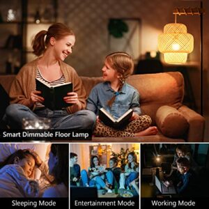 Stepeak Boho Floor Lamp with Remote, Farmhouse Dimmable Rattan Standing Lamp with Smart Blub, Bamboo Lampshade, App Control, Wood Black Tall Lamps for Living Room Bedroom Office, 9W LED Bulb Included