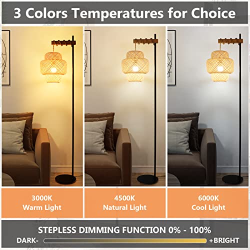 Stepeak Boho Floor Lamp with Remote, Farmhouse Dimmable Rattan Standing Lamp with Smart Blub, Bamboo Lampshade, App Control, Wood Black Tall Lamps for Living Room Bedroom Office, 9W LED Bulb Included