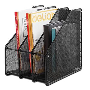 deli mesh magazine file holder, desk organizer file folder document rack for office organization and storage, 3 vertical compartments, black