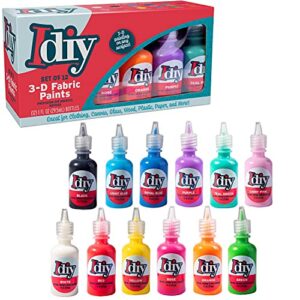 diy fabric paints, set of 12 colors, (1oz bottles) ultra bright 3d fabric paint, non-toxic water-based and permanent – great craft, gift, project – decorate on any surface!