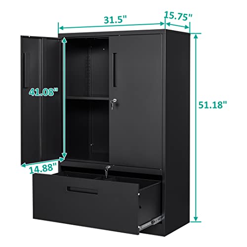 SISESOL Metal Storage Cabinet with Drawers, 51" File Cabinets for Home Office, Locking Steel Storage Cabinet with Doors and Shelves for Home, Office, Warehouse, Garage, School(Black, 1 Drawer)