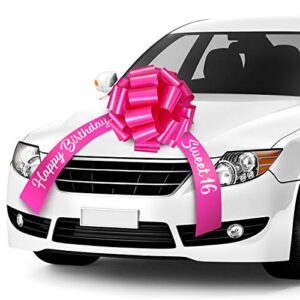 happy birthday car bow sweet 16 big car pull bow giant car gift wrapping bow with 20 feet car ribbon for birthday party car decorations (rose red, 20 inch)