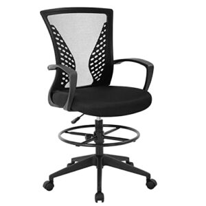 fdw drafting chair tall office chair ergonomic office chairs adjustable height rolling swivel computer task chair mesh desk chair with arms foot rest back support (black)