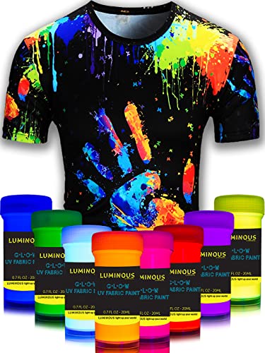 individuall Fabric Paint for Clothes - Set of 8 Neon, 20mL, Black Light Glow in the Dark Paint Colors for Clothes, Textile and Canvas - Gifts for Artists﻿