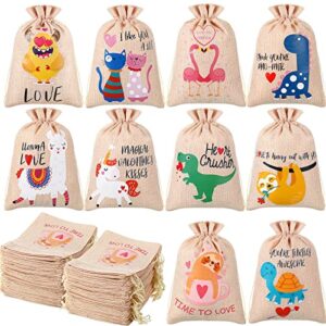 zhengmy 100 pcs valentine drawstrings burlap bags for kids valentine’s day burlap bags valentines goodie bags valentines gifts canvas heart bags candy pouches for wedding shower diy craft, 5 x 7 inch
