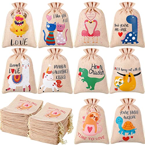 Zhengmy 100 Pcs Valentine Drawstrings Burlap Bags for Kids Valentine's Day Burlap Bags Valentines Goodie Bags Valentines Gifts Canvas Heart Bags Candy Pouches for Wedding Shower DIY Craft, 5 x 7 Inch