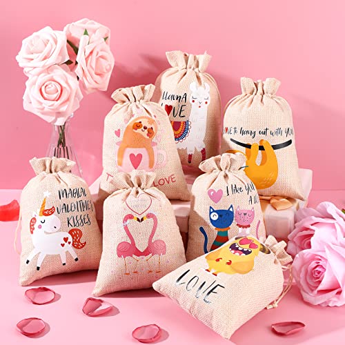 Zhengmy 100 Pcs Valentine Drawstrings Burlap Bags for Kids Valentine's Day Burlap Bags Valentines Goodie Bags Valentines Gifts Canvas Heart Bags Candy Pouches for Wedding Shower DIY Craft, 5 x 7 Inch