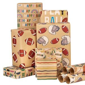 ruspepa kraft wrapping paper sheet – football and birthday printed, great for boys, baby shower, holiday – 12 sheets packed as 2 rolls – 17.5 x 30 inch per sheet