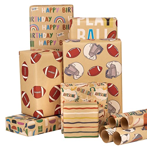 RUSPEPA Kraft Wrapping Paper Sheet - Football and Birthday Printed, Great for Boys, Baby Shower, Holiday - 12 Sheets Packed as 2 rolls - 17.5 x 30 Inch per sheet