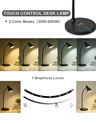 LiFMIRA Desk Lamp with USB Charging Port, 15W Fast Wireless Charger, 5 Lighting Modes,7 Brightness Levels, Eye Care Touch Bedside Table Lamps Gooseneck Desk Lamps for Home Office with 24W Adapter