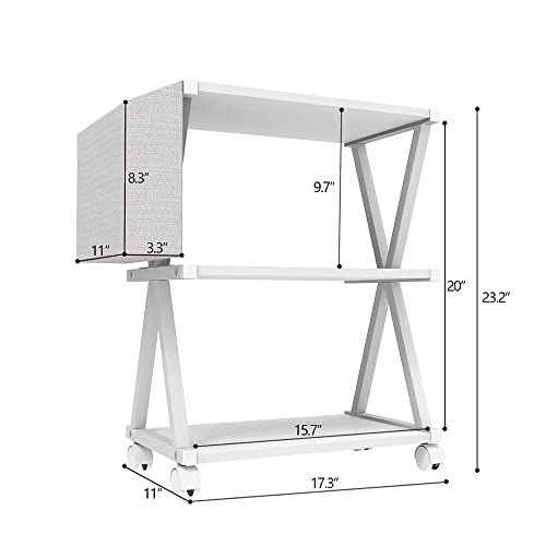 VEDECASA White Mobile Printer Stand 3 Tier Wood Shelf Metal Frame Printer Cart with Storage Bag for Home Office Modern Under Desk Table Side Printer Cart with Rolling Caster Wheel (White)