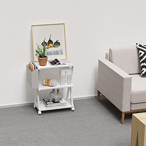 VEDECASA White Mobile Printer Stand 3 Tier Wood Shelf Metal Frame Printer Cart with Storage Bag for Home Office Modern Under Desk Table Side Printer Cart with Rolling Caster Wheel (White)