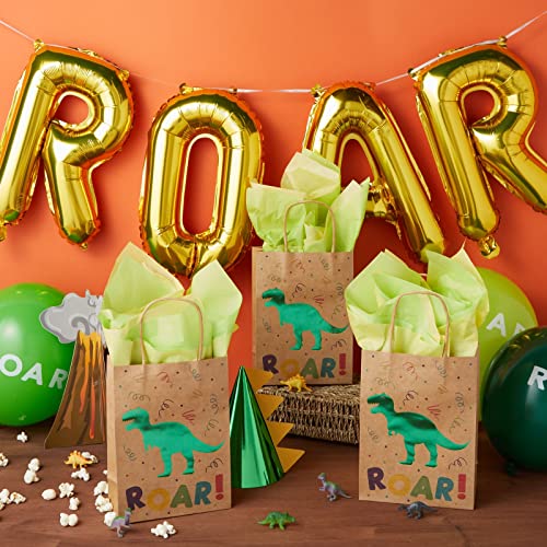 24 Pack Kraft Dinosaur Party Favor Bags with Handles for Kid's Birthday (6 x 9 In)