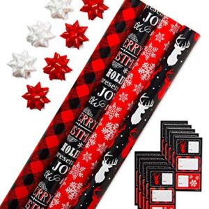 American Greetings Christmas Wrapping Paper Set with Cut Lines, Red, Black and White, Plaid, Reindeer and Snowflakes (4 Rolls, 7 Bows, 30 Gift Tags, 120 sq. ft.)