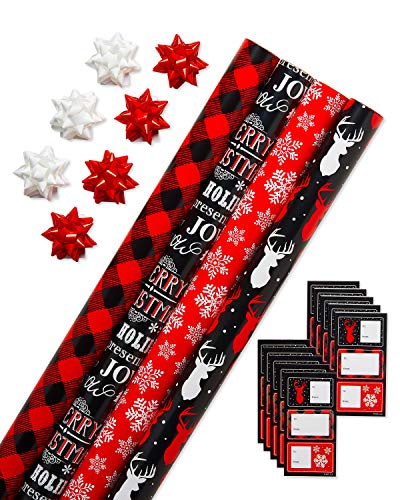 American Greetings Christmas Wrapping Paper Set with Cut Lines, Red, Black and White, Plaid, Reindeer and Snowflakes (4 Rolls, 7 Bows, 30 Gift Tags, 120 sq. ft.)