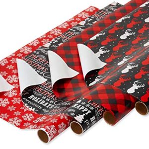 American Greetings Christmas Wrapping Paper Set with Cut Lines, Red, Black and White, Plaid, Reindeer and Snowflakes (4 Rolls, 7 Bows, 30 Gift Tags, 120 sq. ft.)