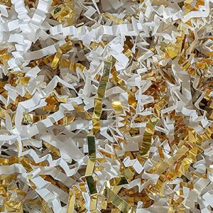 crinkle cut paper shred filler (1/2 lb) for valentine’s day gifts craft diy’s packaging, white & gold shredded paper for gift box, wrapping & basket filling for christmas, halloween & wedding decorations (white & gold）
