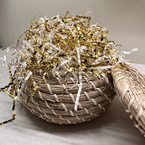 Crinkle Cut Paper Shred Filler (1/2 LB) for Valentine's Day Gifts Craft DIY's Packaging, White & Gold Shredded paper for Gift Box, Wrapping & Basket Filling for Christmas, Halloween & Wedding Decorations (White & Gold）