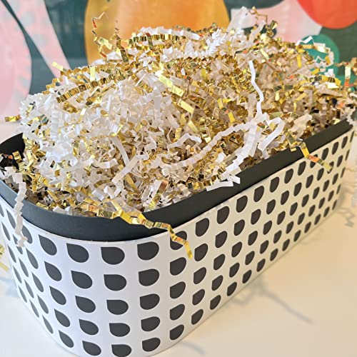Crinkle Cut Paper Shred Filler (1/2 LB) for Valentine's Day Gifts Craft DIY's Packaging, White & Gold Shredded paper for Gift Box, Wrapping & Basket Filling for Christmas, Halloween & Wedding Decorations (White & Gold）