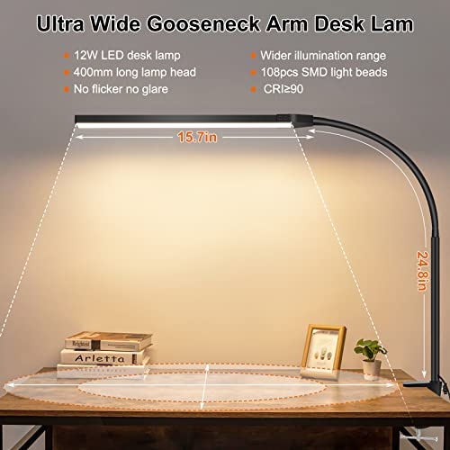 LED Desk Lamp with Touch Control, Gooseneck Clamp Lamp, Desk Light for Home Office, 3 Modes Stepless Dimmable Workbench Light for Working, Study, Reading, Dorms, Nightlight