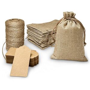 100pcs burlap bags, drawstring gift bags with gift tags and 328feet jute twine, burlap gift bags, burlap sack, jewelry bags, gift bags bulk for wedding party, christmas and diy craft, 4x5.5 in