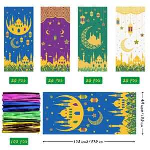 100 Pcs Ramadan Eid Goodie Bags, Ramadan and Eid Mubarak Gift Bags, Ramadan Kareem Eid Mubarak Decorations for Home Ramadan Eid Gift Treat Cellophane Candy Bags for Islamic Muslim Party Favor Supplies