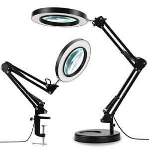 lancosc 2-in-1 magnifying glass with light and stand, 3 color modes stepless dimmable, 5-diopter real glass magnifying desk lamp & clamp, led lighted magnifier for repair, reading, crafts, close works