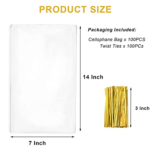 Yotelab Cellophane Bags, 7" x14" Clear Cellophane Treat Bags With Twist Ties, Cello Bags 100 PCS