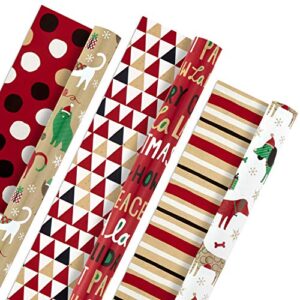 hallmark christmas reversible wrapping paper bundle, pets and patterns (pack of 3, 120 sq. ft. ttl) cats, dogs, stripes, polka dots, paw la la la