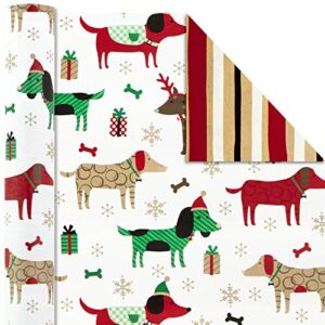 Hallmark Christmas Reversible Wrapping Paper Bundle, Pets and Patterns (Pack of 3, 120 sq. ft. ttl) Cats, Dogs, Stripes, Polka Dots, Paw La La La