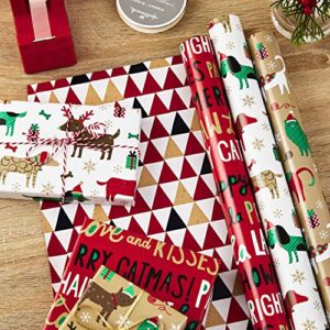 Hallmark Christmas Reversible Wrapping Paper Bundle, Pets and Patterns (Pack of 3, 120 sq. ft. ttl) Cats, Dogs, Stripes, Polka Dots, Paw La La La
