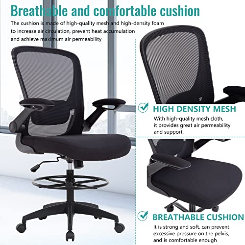 BestOffice Drafting Chair Tall Office Chair with Adjustable Foot Ring and Flip-Up Arms Computer Standing Desk Chair Executive Rolling Swivel Chair for Office & Home (Black)