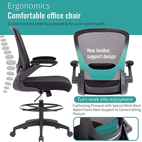 BestOffice Drafting Chair Tall Office Chair with Adjustable Foot Ring and Flip-Up Arms Computer Standing Desk Chair Executive Rolling Swivel Chair for Office & Home (Black)