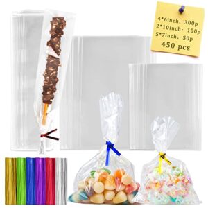 Labeol Cellophane Bags Treat Bags 450 PCS with Ties 3 Sizes 4x6 5x7 2x10 Cookie Bags for Packaging Pretzel Candy Gift Party Favor Clear Plastic Bags Goodie Bags