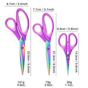 Craft Scissors Set of 3 Pack , All Purpose Sharp Titanium Blades Shears Rubber Soft Grip Handle, Multipurpose Fabric Scissors Tool Great for Adults, Office, Sewing, School and Home Supplies, Purple