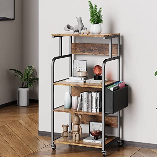 Gizoon Home Office Printer Stand with Storage, 4 Tier Large Tall Printer Shelf Cart W/ Lockabel Rolling Wheels, Versatile - Retro