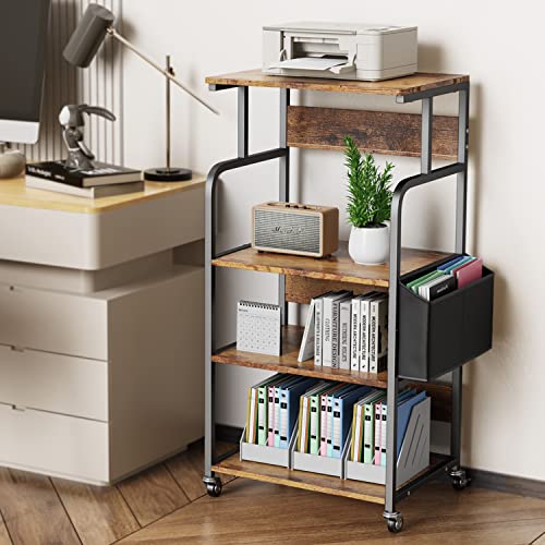 Gizoon Home Office Printer Stand with Storage, 4 Tier Large Tall Printer Shelf Cart W/ Lockabel Rolling Wheels, Versatile - Retro