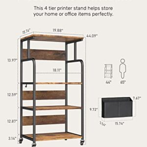 Gizoon Home Office Printer Stand with Storage, 4 Tier Large Tall Printer Shelf Cart W/ Lockabel Rolling Wheels, Versatile - Retro